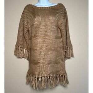 NWT Vtg JOYCE Fringe Knit Beige Knit Sweater Tunic Dress Boho Festival Women's L